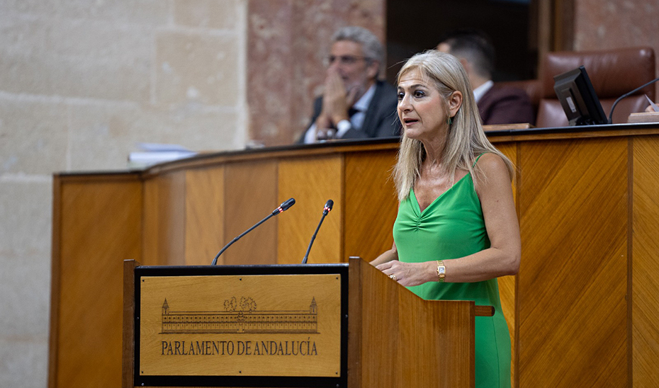 La consejera de Desarrollo Educativo y Formación Profesional, Patricia del Pozo, en su escaño durante el Pleno del Parlamento de Andalucía.