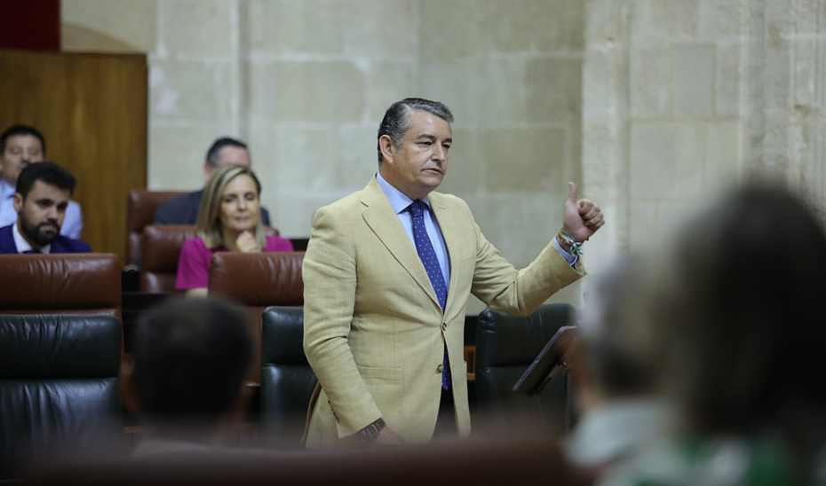 El consejero de la Presidencia, Interior, Diálogo Social y Simplificación Administrativa, Antonio Sanz, durante el Pleno del Parlamento andaluz.