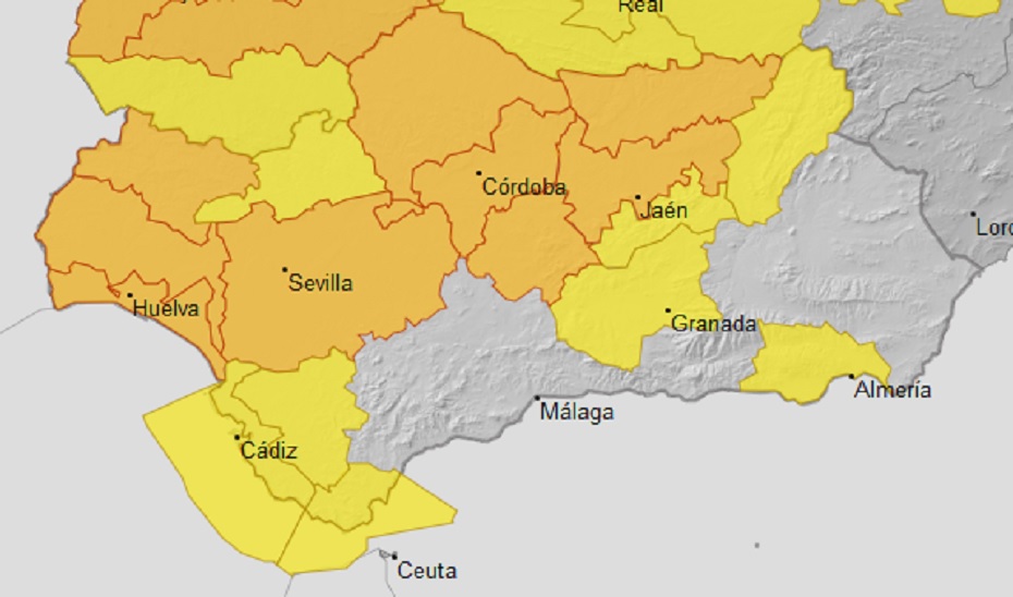 Mapa de AEMET con los avisos naranjas y amarillos previstos para mañana en Andalucía.