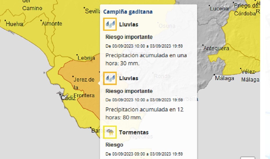Aviso naranja por lluvias vigente en la Campiña de Cádiz.