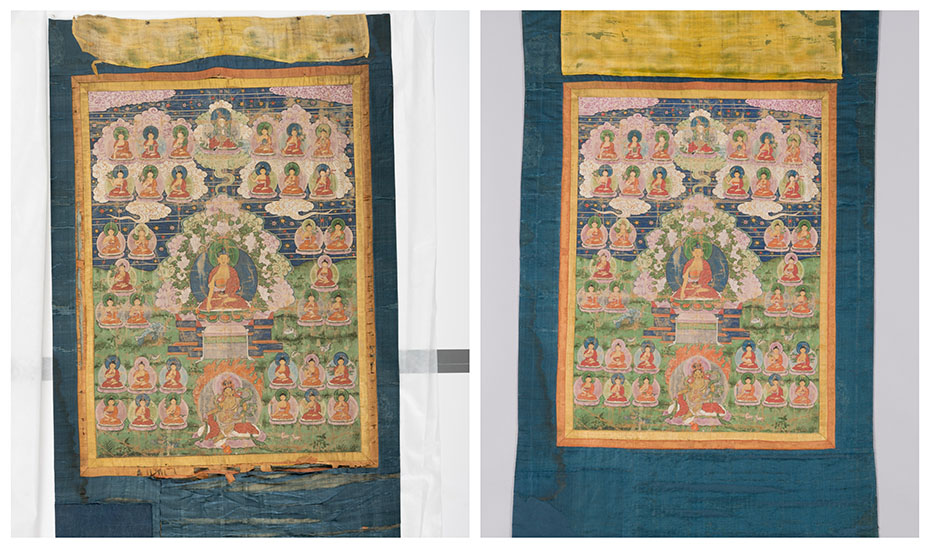 El antes y el después de la intervención de los thangkas que ha realizado el Instituto Andaluz de Patrimonio Histórico.