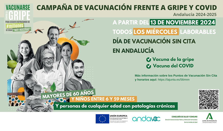 Cartel informativo sobe la campaña de vacunación frente a la gripe y el Covid en Andalucía.