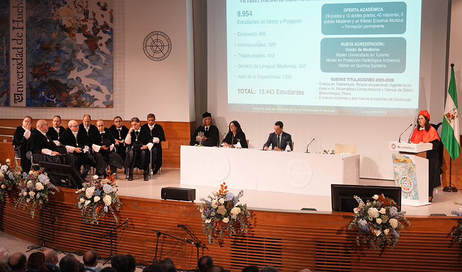 Moreno, en la mesa presidencial, durante la ceremonia de apertura del curso universitario en Andalucía, celebrado en Huelva.