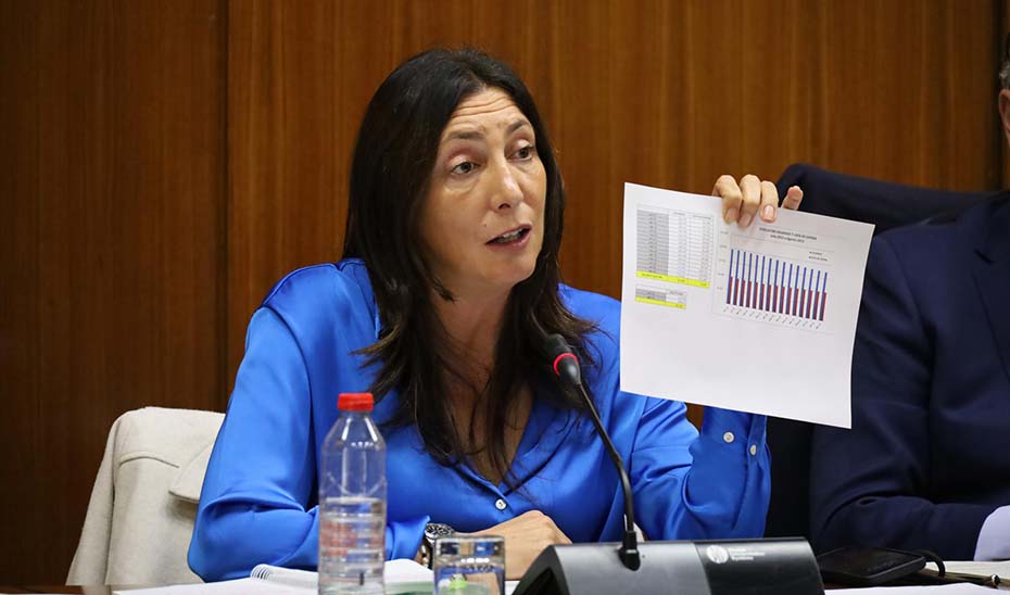 La consejera de Inclusión Social, Juventud, Familias e Igualdad, Loles López, muestra en el Parlamento una gráfica con los datos de la depedencia.