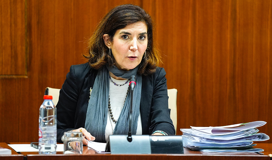La consejera Rocío Blanco, durante su intervención ante la Comisión de Empleo, Empresa y Trabajo Autónomo, en el Parlamento de Andalucía.