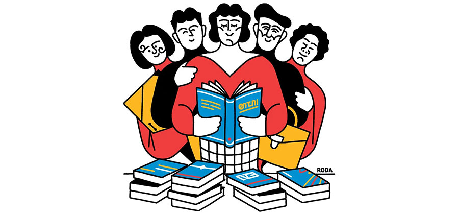 Ilustración de varias personas leyendo un libro