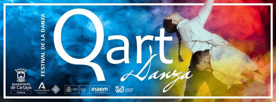 Cartel del festival “Qart Danza” con fondo de colores y dos bailarines en una pose acrobática